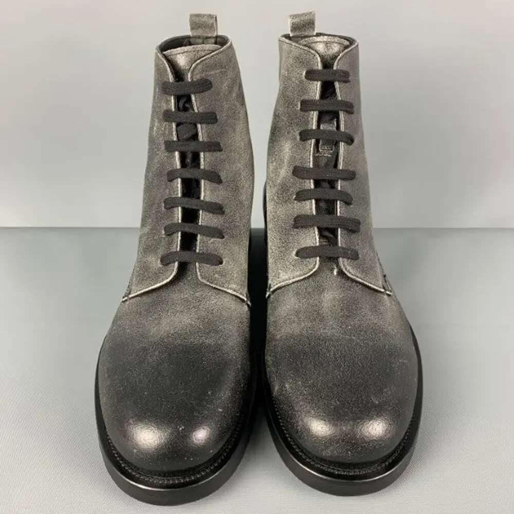 EMPORIO ARMANI Size 10 Black Distressed Leather Lace-Up Boots